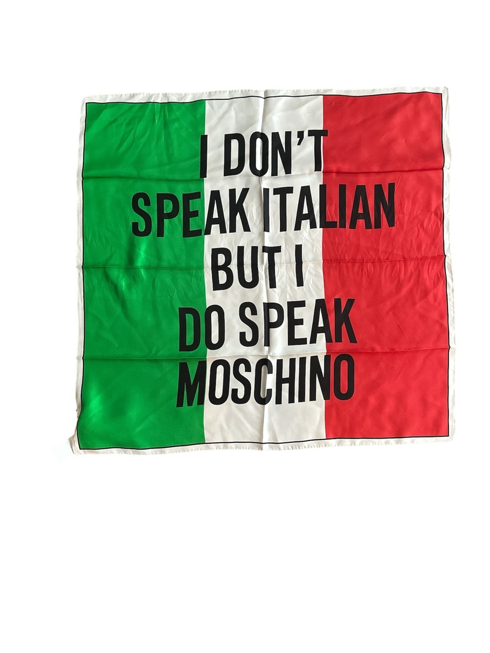NWT 100% silk Moschino Green and White Italian Flag scarf flaws